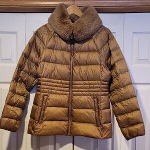 Michael Kors Tan Puffer Jacket with Fur Collar